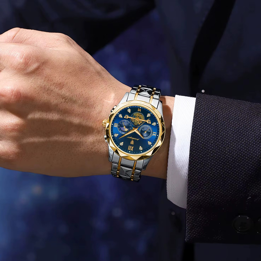 POEDAGAR Armbanduhr Chronograph, Quarz, Edelstahl, Blau, Herren - Bild 5