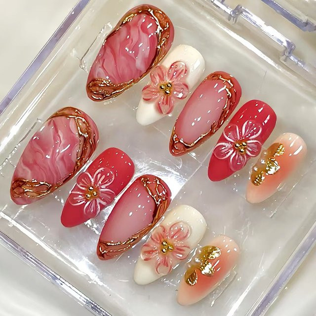 YADORNOS Kunstnägel, rote Blumen, Mandelform, rosa Rouge, Glänzend, 30 Stück - Bild 1