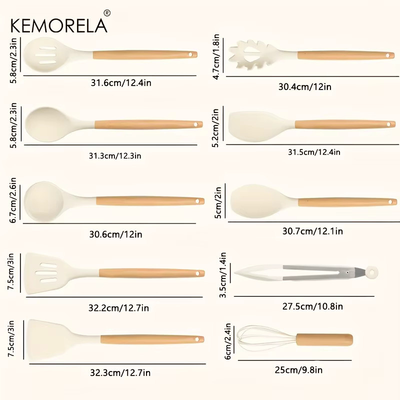 KEMORELA 10-teiliges Silikon-Kochutensilien-Set mit Holzgriff in Beige und Weiß, hitzebeständig und antihaftbeschichtet, inklusive Spatel, Wender, Löffel, Zange und Schneebesen - Bild 3