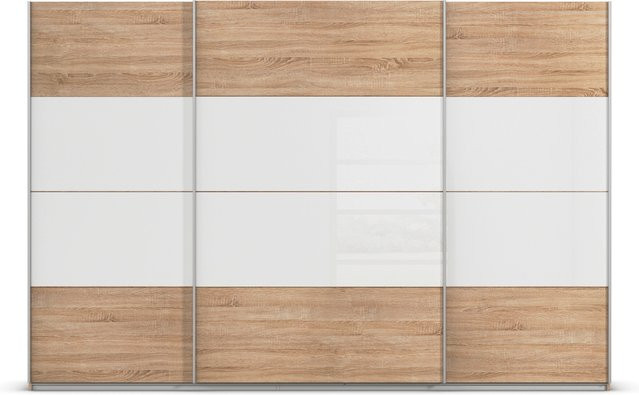 RAUCH Quadra Schwebetürenschrank mit Glaselementen, Korpus Eiche und Glas Weiß, B/T/H: 315 x 62 x 210 cm - Bild 1