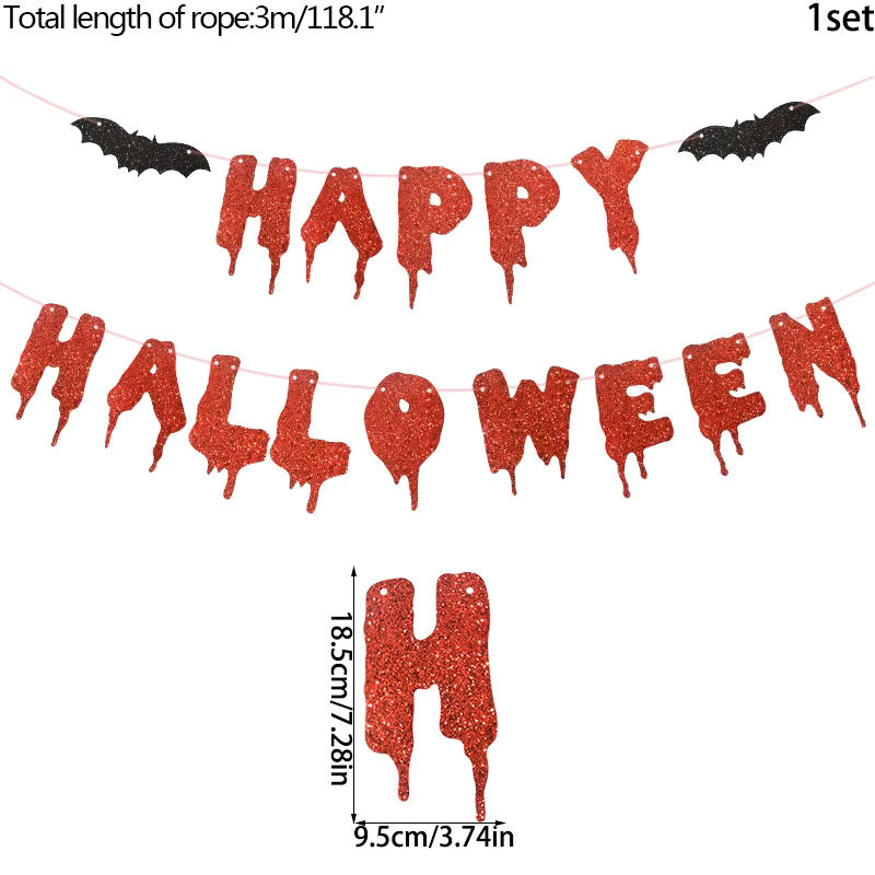 Happy Halloween Banner aus rotem Glitzer-Papier mit Fledermaus-Motiv als hängende Wanddeko - Bild 5