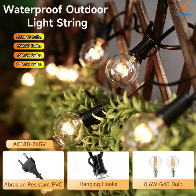 CANMEIJIA LED-Lichterkette für den Außenbereich mit warmweißen Kugelleuchten, IP65 wasserdicht, transparent - Bild 1