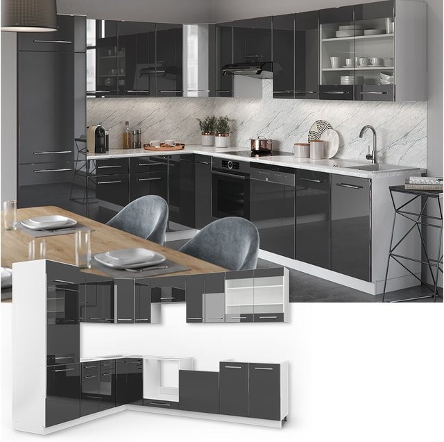 Vicco Fame-Line Eckküche in Anthrazit mit Hochglanz-Finish und Softclose-Funktion, Breite: 227 cm, Tiefe: 60 cm - Bild 1