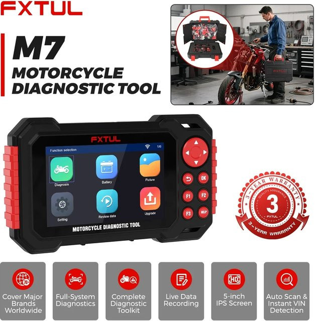 FXTUL M7 Motorrad-Diagnosescanner in Schwarz mit VIN-Erkennung für ABS- und Motordiagnose passend für BMW, Ducati, Yamaha, Honda und SYM - Bild 1