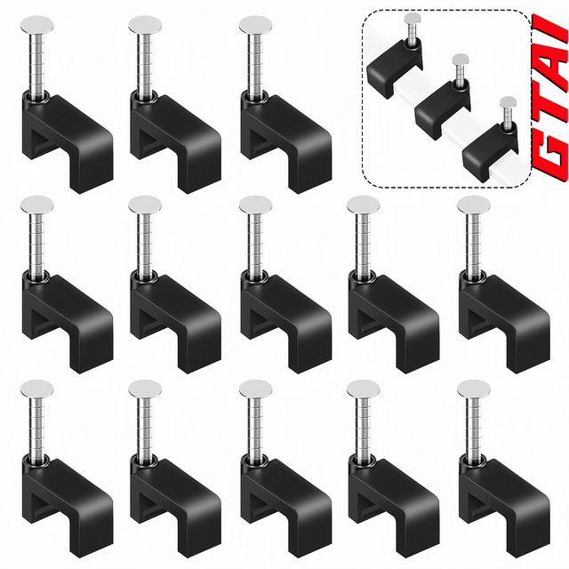 GTAI Kabelclips mit Stahlnägeln in Schwarz, 100 Stück, quadratische Kabelhalter für Ethernet- und Internetkabel, passend für 4-10mm - Bild 1