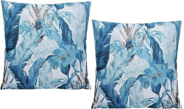 2er-Set Outdoor Kissen Palmblatt in Blau und Weiß, wasserabweisend und quadratisch, B/T/H: 45 x 45 x 45 cm - Bild 1