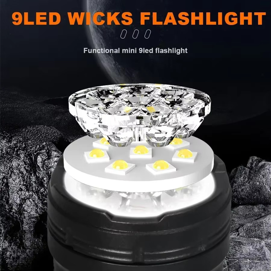 XIWANGFIRE Mini USB-aufladbare LED Taschenlampe mit 9 LEDs und COB-Flutlicht in Schwarz - Bild 2