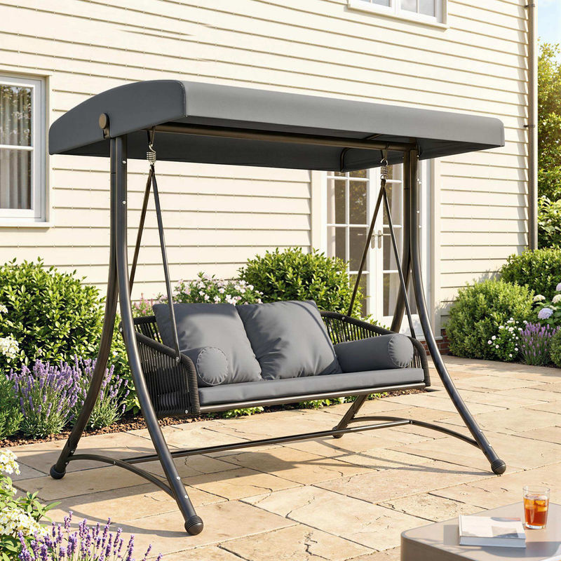 Outsunny Hollywoodschaukel 2-Sitzer aus Polyrattan mit verstellbarem Sonnendach und Kissen, Dunkelgrau, B/T/H: 178 x 120 x 172 cm - Bild 2