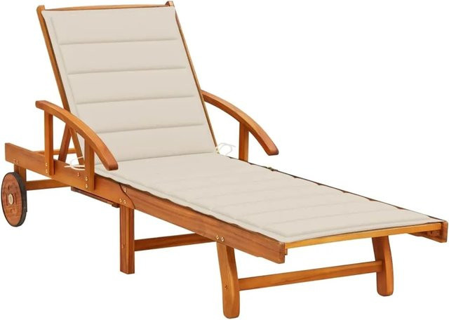 vidaXL Sonnenliege aus Akazien-Massivholz mit beige Polsterauflage, verstellbarer Kopfstütze und Rollen - Bild 1