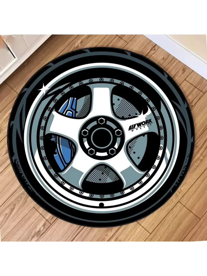 VIKAMA Rundteppich mit Auto-Naben-Design, rutschfest, modern und abstrakt, Farbe: Schwarz, Durchmesser: 60 cm - Bild 2