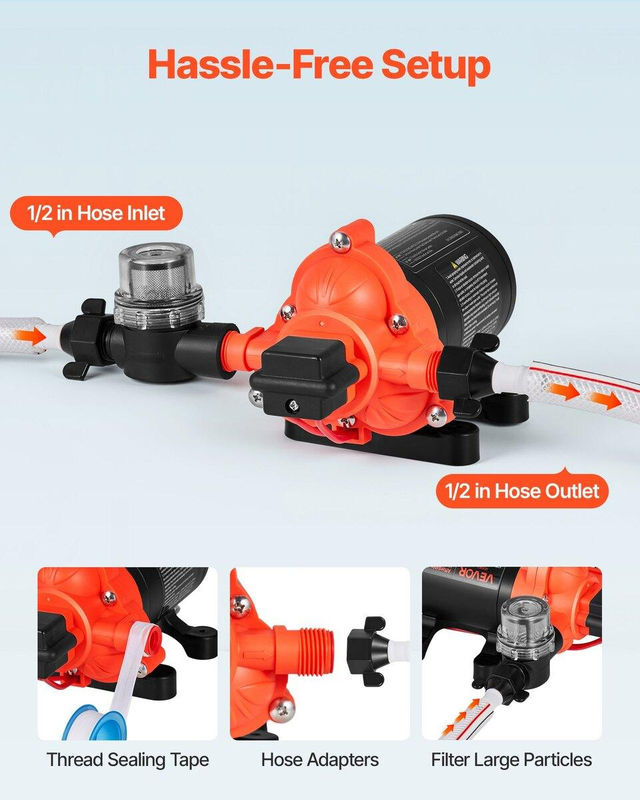 Buying Solutions MB Wohnmobil Wasserpumpe, 12V DC, 4 GPM (15,1 L/min), 3-Kammer-Selbstansaugende Membran-Wasserpumpe mit automatischem Druckschalter, max. 40 PSI Druck, Orange - Bild 8
