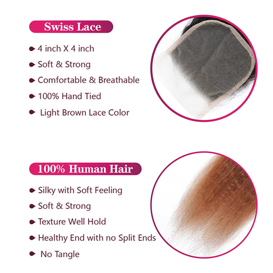 fraisbelle Haar Bundles, 100% Ombre Echthaar, Yaki Gerade, 4x4 HD Spitze - Bild 4