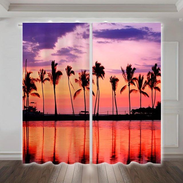 2er-Set Vorhang mit Sonnenuntergang und Kokospalmen-Küstenlandschaft, halbtransparent, Polyester, B/H: 50 x 130 cm - Bild 1