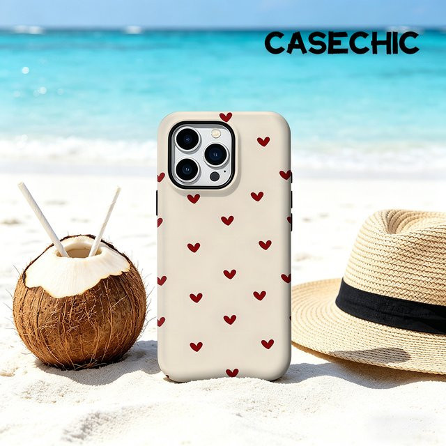 CaseChic MagSafe kompatible iPhone Hülle mit mattem Bumper und Herzgitter-Design in Beige Rot - Bild 1