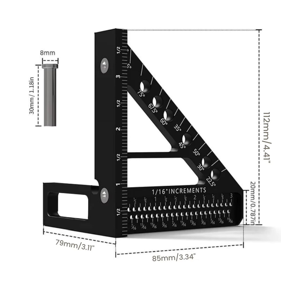 FNICEL Quadratischer Winkelmesser aus Aluminiumlegierung in Schwarz, 3D-Mehrwinkel-Messwerkzeug für Holzbearbeitung und präzises Layout, B/T/H: 112,0 x 85,0 x 0 cm - Bild 2