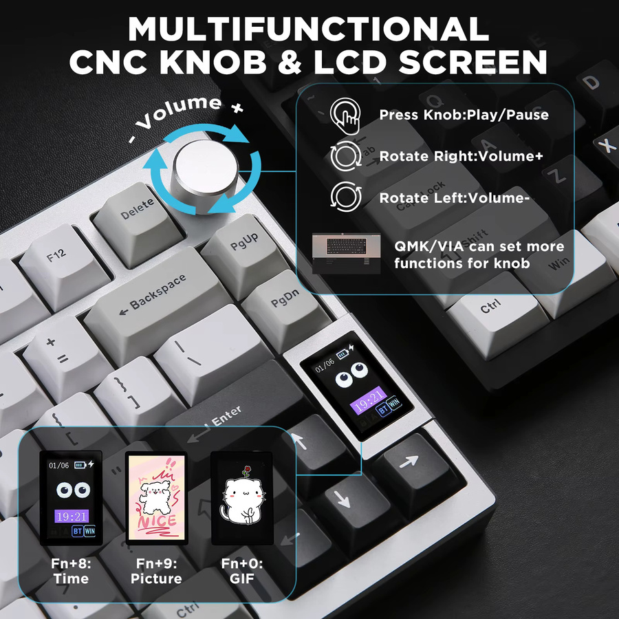 YUNZII AL80 Mechanische Gaming-Tastatur in Silber, kabellos mit Bluetooth, CNC-Aluminium-Gehäuse, LCD-Display und Hot-Swap-Funktion, QMK/VIA-kompatibel - Bild 4