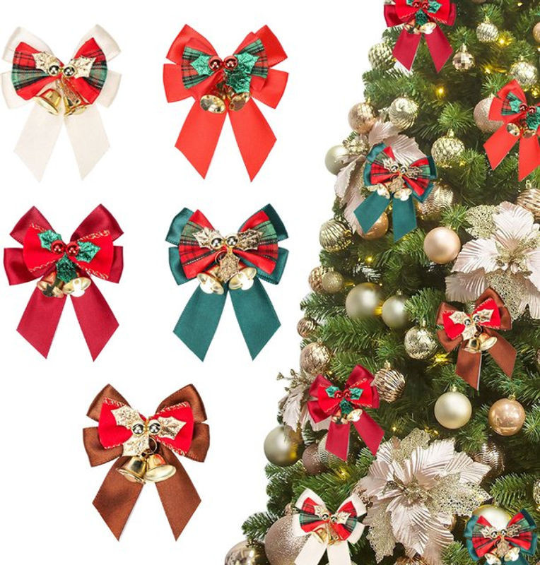 10 Stück weihnachtliche Stoff-Schleifen mit Glöckchen in Braun und Mehrfarbig als Hängeornamente zur Dekoration - Bild 1