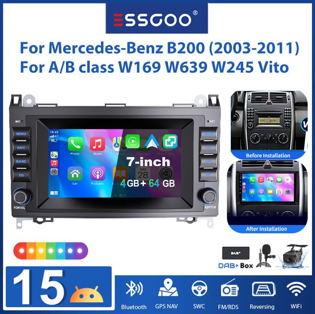 ESSGOO 7-Zoll Android 15 Autoradio für Mercedes-Benz A-Klasse W169, B-Klasse W245 und Vito W639 (2004-2012) mit 4+64GB, kabellosem CarPlay, Android Auto, GPS, WLAN und Mirror Link in Schwarz - Bild 1