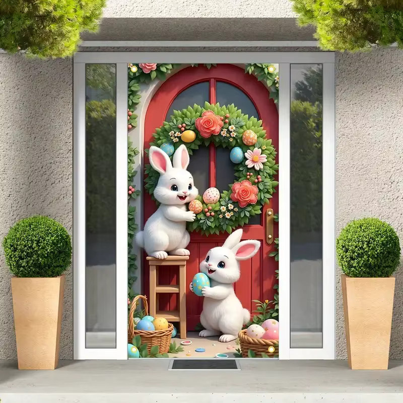DRIHANCO Osterhase 2D-Türflagge als Seidenschild zum Aufhängen mit blauer Schleife in Mehrfarbig - Bild 2