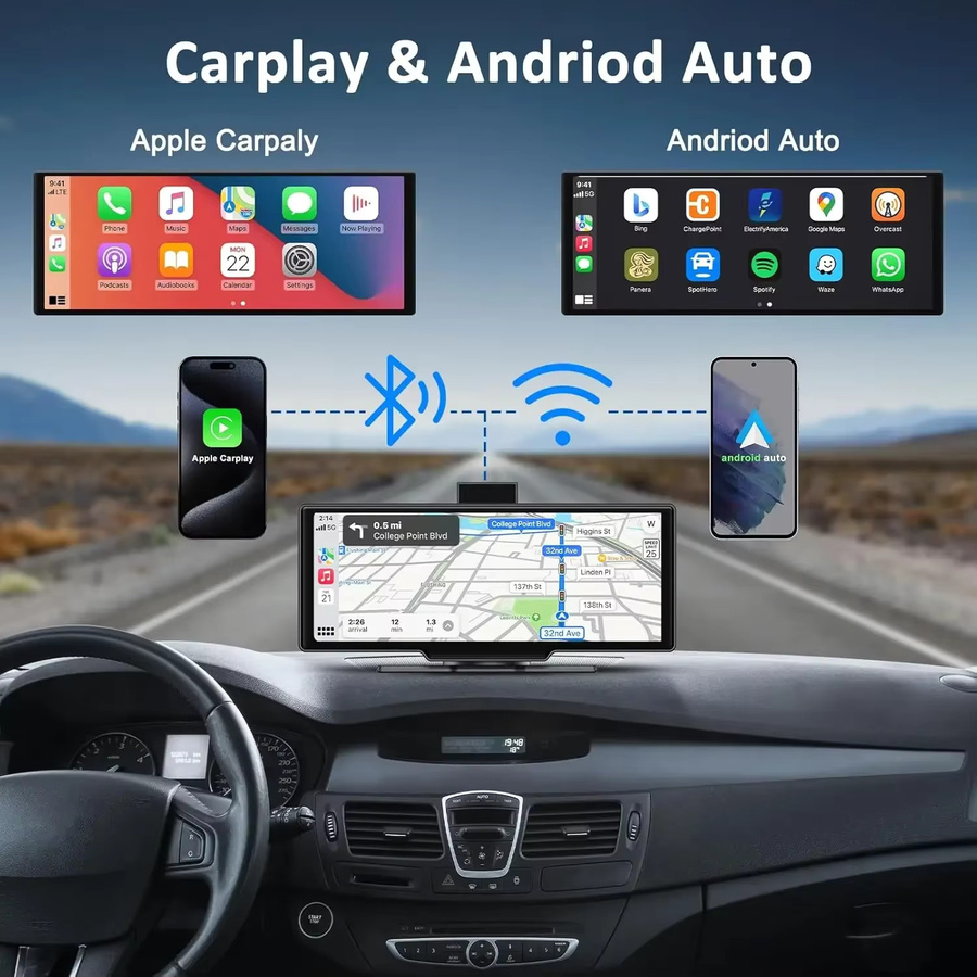 Srnubi 4K Dash Cam mit 10,26 Zoll Display, Wireless CarPlay und Android Auto, GPS Navigation, Nachtsicht, Bluetooth, AUX, Schwarz - Bild 2