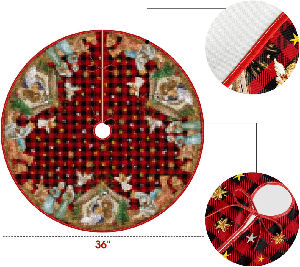 VIKAMA Weihnachtsbaumrock im roten und schwarzen Tartan-Design mit Krippen-Motiv für deine festliche Winterdekoration - Bild 3