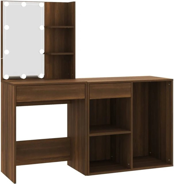vidaXL LED-Schminktisch mit Schrank in Eiche Braun aus Holzwerkstoff B/T/H: 140 x 40 x 60 cm - Bild 1