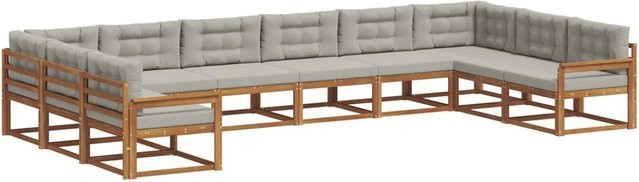 vidaXL Outdoor-Sofagarnitur aus massivem Akazienholz in L-Form mit Kissen, 10-teiliges Set in Natur und Hellgrau - Bild 1