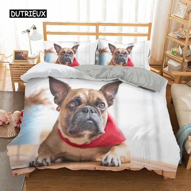 Bettwäsche-Set mit französischer Bulldogge von Binchi Outdoor Product, weißes Bettbezug-Set aus Polyester für Kinder und Teenager, B/H: 135 x 200 cm - Bild 1