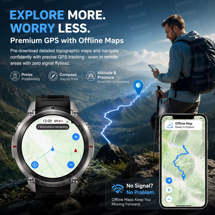 GUHUAVMI Militärische GPS-Smartwatch in Gold mit Offline-Karte, 5ATM Wasserdichtigkeit, Höhenkompass und Bluetooth-Anruffunktion für Outdoor-Sport und Fitness - Bild 3