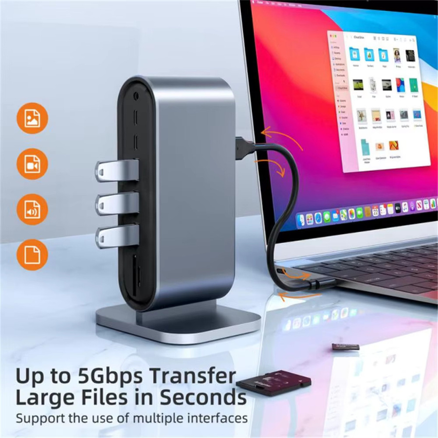 Kebidumei 12-in-1 Vertikale USB-C Dockingstation in Grau mit HDMI 4K, LAN, USB 3.0 und PD 100W für Laptop und MacBook - Bild 4