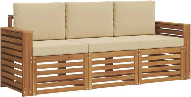 vidaXL Sofagarnitur 3-teilig aus Massivholz Akazie in Natur und Beige mit Sitz- und Rückenkissen - Bild 1