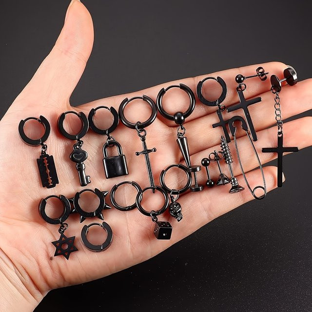 YIXI Ohrring-Set Herren, Edelstahl, Schwarz, Kreuz- und Totenkopf-Anhänger - Bild 1