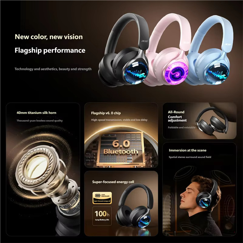 Acer OHR712 Kabellose Bluetooth 6.0 Over-Ear-Kopfhörer mit 360 Grad Klang in Schwarz oder Pink - Bild 3