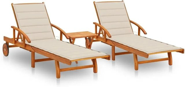 vidaXL Sonnenliegen Set aus 2 Stück mit Tisch und beige Auflagen aus Massivholz Akazie - Bild 1
