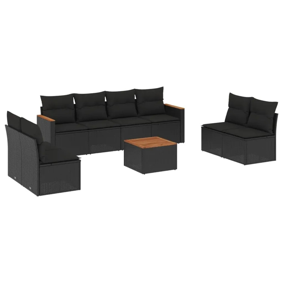 vidaXL 9-teilige Garten-Sofagarnitur aus Poly-Rattan und Akazienholz in Schwarz mit Kissen - Bild 2