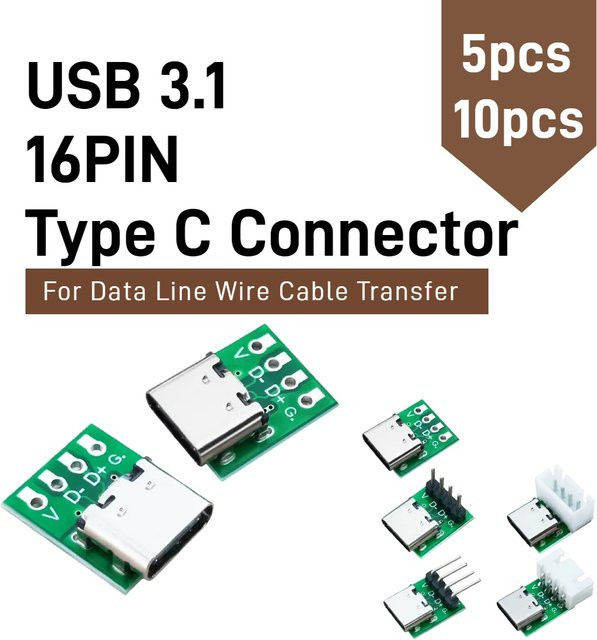 10 oder 5 Stück USB-C Typ 3.1 16 Pin Test PCB Board Adapter Buchse für Datenleitung und Kabelübertragung in Grün - Bild 1