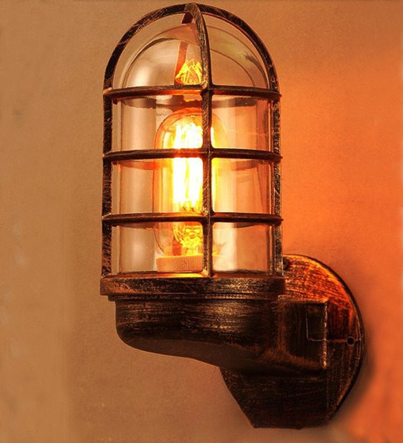 Industrielle Wandleuchte im Vintage Loft Design als Lichterkäfig aus Metall in Schwarz mit transparentem Glas für Wohnzimmer, Garten oder Außenbereiche - Bild 1