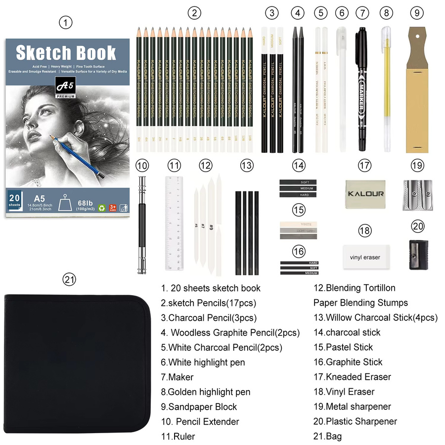 54er-Pack Skizzen- und Zeichenstifte-Set für Profis mit Graphitstiften, Kohlestiften und Skizzenbuch in Schwarz - Bild 4