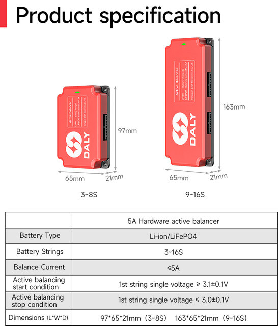 Daly BMS 5A Aktiver Balancer für LiFePO4 und Li-Ionen Akkus, Farbe: Rot - Bild 1