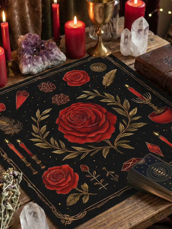VIKAMA Gothic Tarot Tischdecke mit roter Rose und Kristall-Motiv in Rot - Bild 4