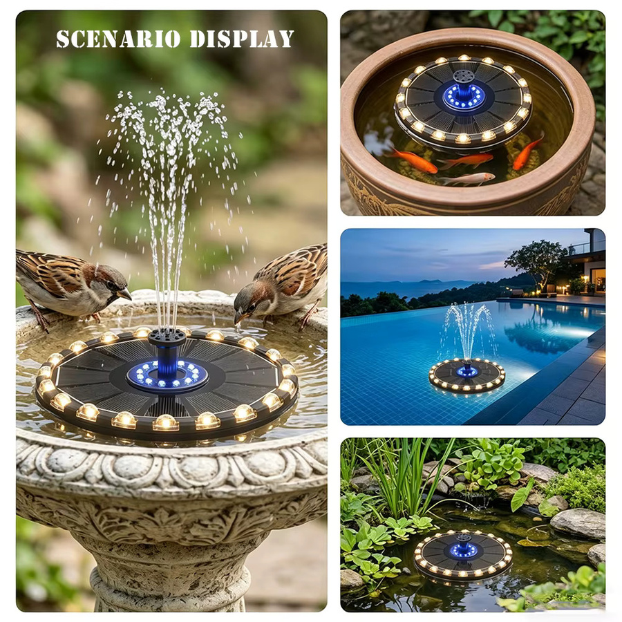 T-SUNRISE Solar-Gartenbrunnen für den Außenbereich mit 3,5W, rundes Solarbrunnenpumpen-Set für Teiche und Vogelbäder mit 6 Düsen und 7-farbigem Licht, Multicolor - Bild 5