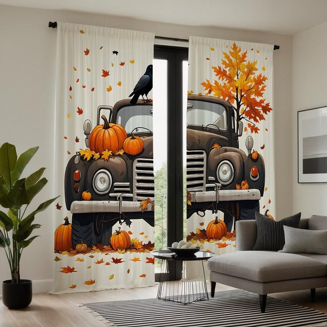 2er-Set Vorhänge mit gelbem Blumenmuster in Beige, halbtransparentes Design für Wohnzimmer und Schlafzimmer, B: 132 cm, H: 160 cm - Bild 1