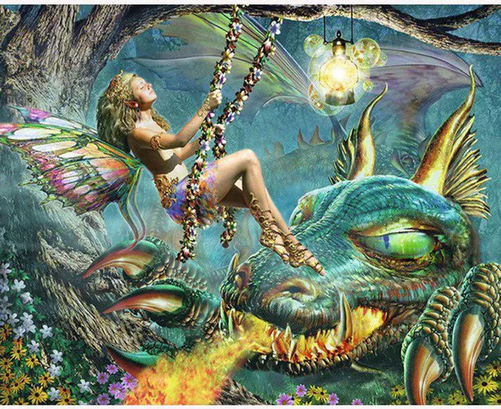 FIYO Diamond Painting Set Fee und Drache Motiv, Mehrfarbiges Stickbild aus Kunststoff und Canvas, B: 30 cm, H: 20 cm - Bild 1