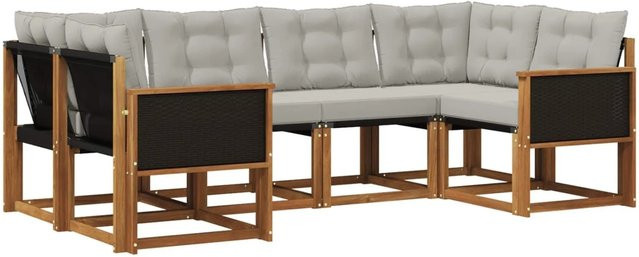 vidaXL Outdoor-Sofagarnitur L-Form aus Akazienholz mit 6 Kissen in Hellgrau und Natur - Bild 1