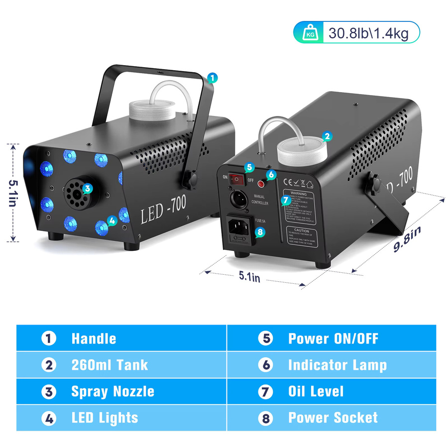U'King 700 W Nebelmaschine 3in1 mit 8 RGB LED für Bühne, Disco und DJ-Shows - Bild 5