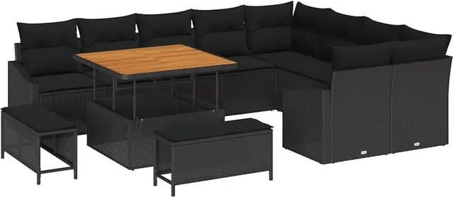vidaXL 12-teiliges Garten Sofa Set in Schwarz mit Kissen, L-Form Lounge Set aus Polyrattan und Akazienholz für Garten, Terrasse oder Balkon - Bild 1