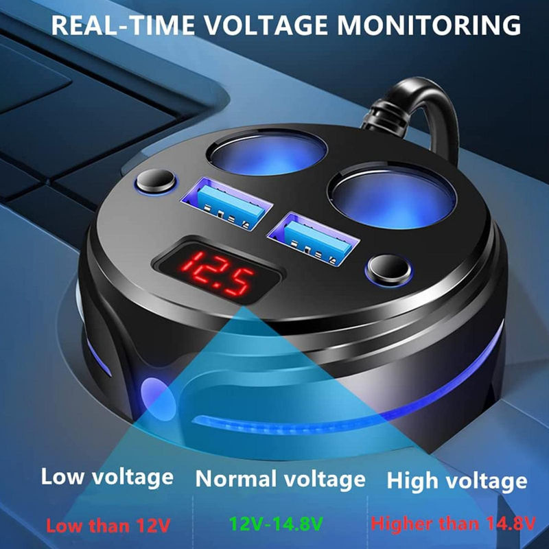 JadeBamboo Zigarettenanzünder-Adapter mit 2 USB-Schnellladestationen und 2 Steckdosen inklusive LED-Spannungsanzeige für 12-24V in Schwarz - Bild 7