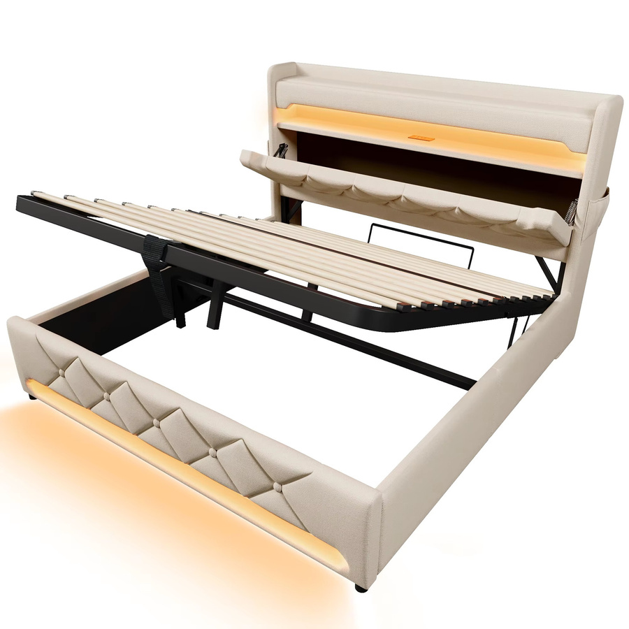 KOMHTOM Doppelbett aus Leinen mit USB- und Typ-C-Anschluss, 360-Grad-LED-Beleuchtung und hydraulischem Stauraum, B/T/H: 90 x 200 cm, Grau/Beige - Bild 2