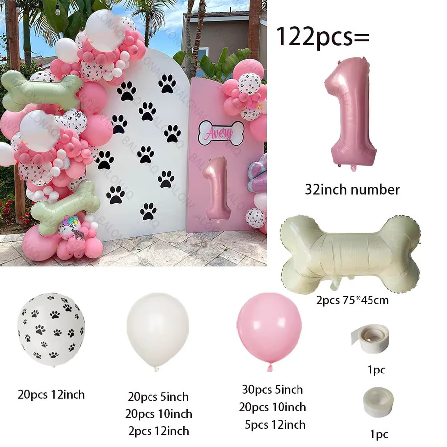 BALONAQ Hund Thema Party Set mit 122 Teilen in Rosa und Weiß zur Geburtstag Dekoration mit Pfoten und Knochen Motiven - Bild 2