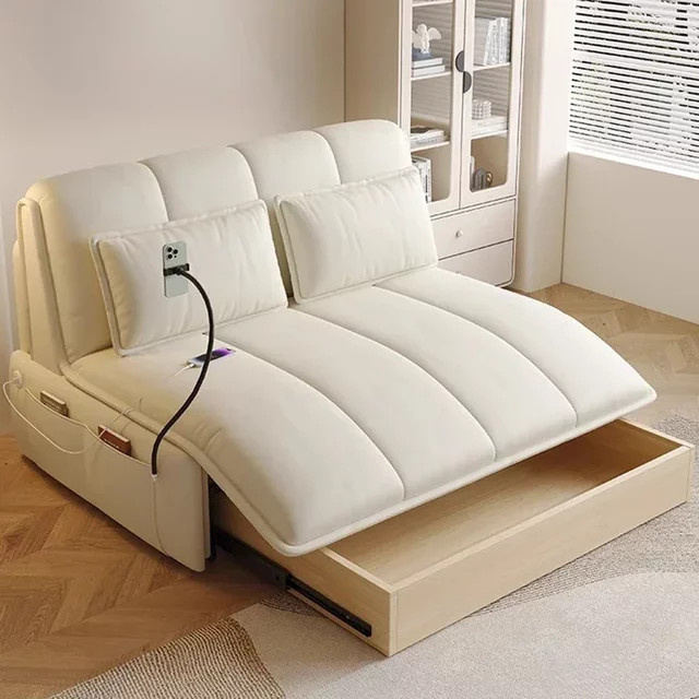 OAKCIA Faltbares elektrisches Schlafsofa aus PU-Leder in Cremefarben mit Armlehnen - Bild 1